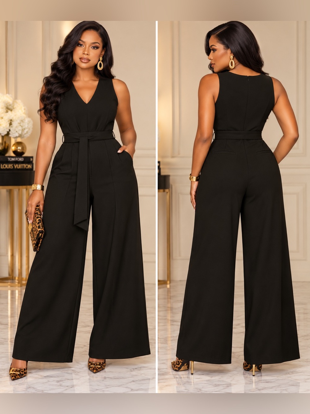 Banana Republic Black V-Neck Wide-Leg Jumpsuit with Waist Tie